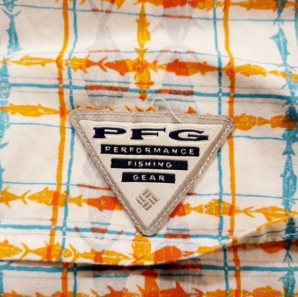 Columbia PFG Orange Fish Print Plaid Button Down Shirt - Size Medium - Picture 7 of 8